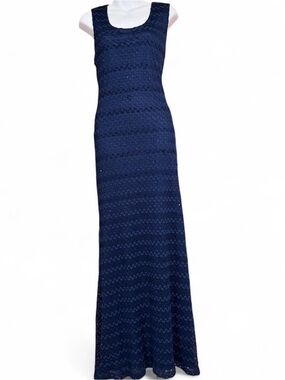 Sharagano Navy Crochet Scoop Neck Maxi Dress